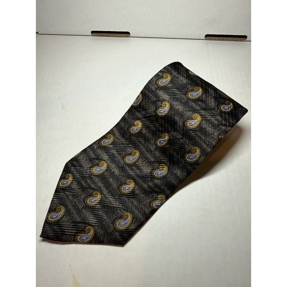 Robert Talbott Studio Men Silk Tie Charcoal‎ Gray Gold Blue Paisley Jacquard USA